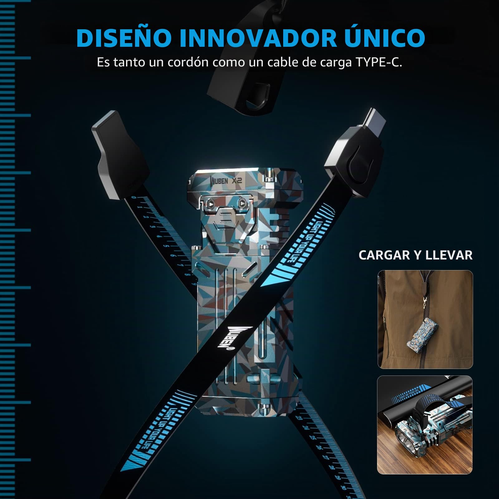 WUBEN X2 Linterna LED alta potencia 1800 lúmenes Antorcha LED recargable, mini Linterna 3 LED, 6 modos IP68 Linterna portátil impermeable para acampar, al aire libre, emergencia