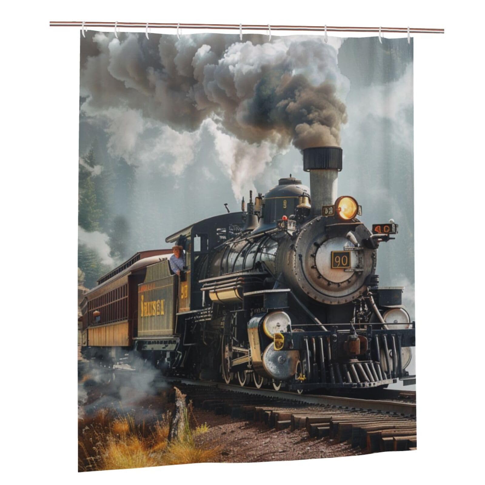 BWWHCCTI Steam Train Printed Shower Curtain With 12 Plastic Hooks Opaque Quick Drying Waterproof Shower Curtains Sets For Bathroom 152x183 Cm