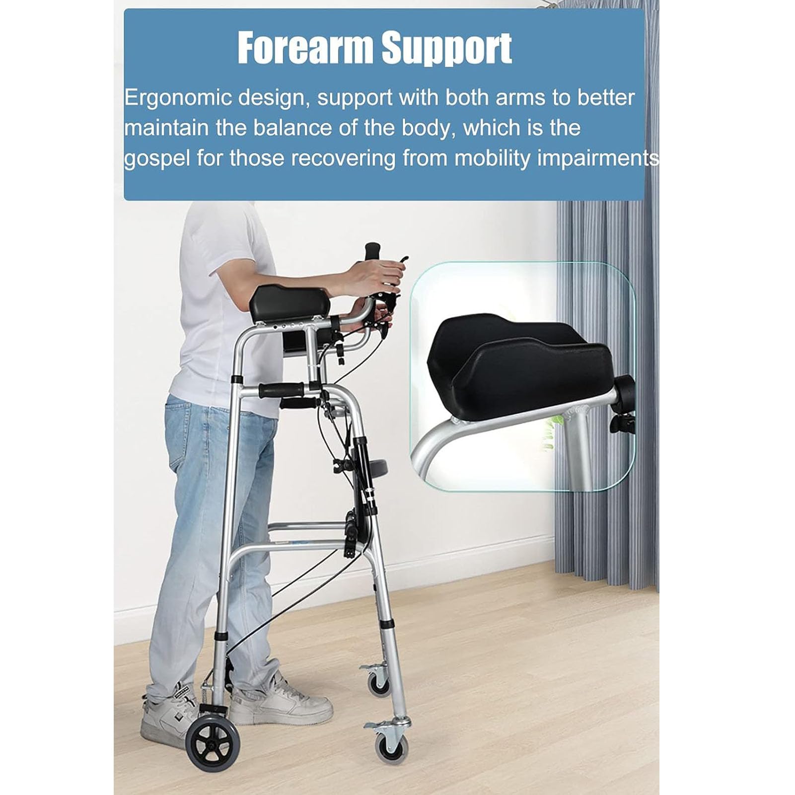 Andador para Ancianos 4 Ruedas, Caminadores De Aluminio Plegables para Mayores, Andadores Vertical para Ancianos con Frenos Y Asiento, Altura Ajustable