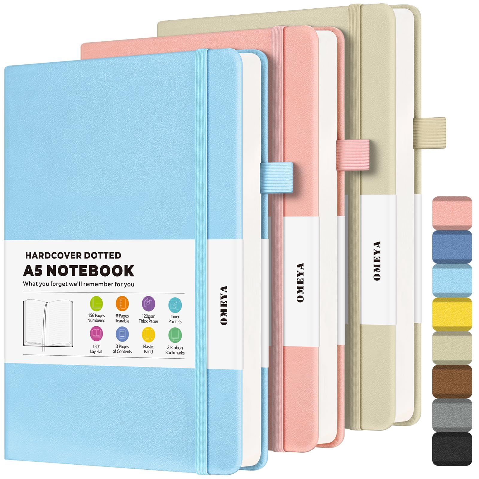 Bullet Dotted Journal Notebook, A5 Dotted Journal with 120gsm Paper, Leather Dotted Notebook, Hardcover Dot Grid Notebook Each with 156 Nmubered Pages, Dot Journal for Women, Men 5.75" × 8.38" (Blue+Pink+Ivory, A5 Dotted)