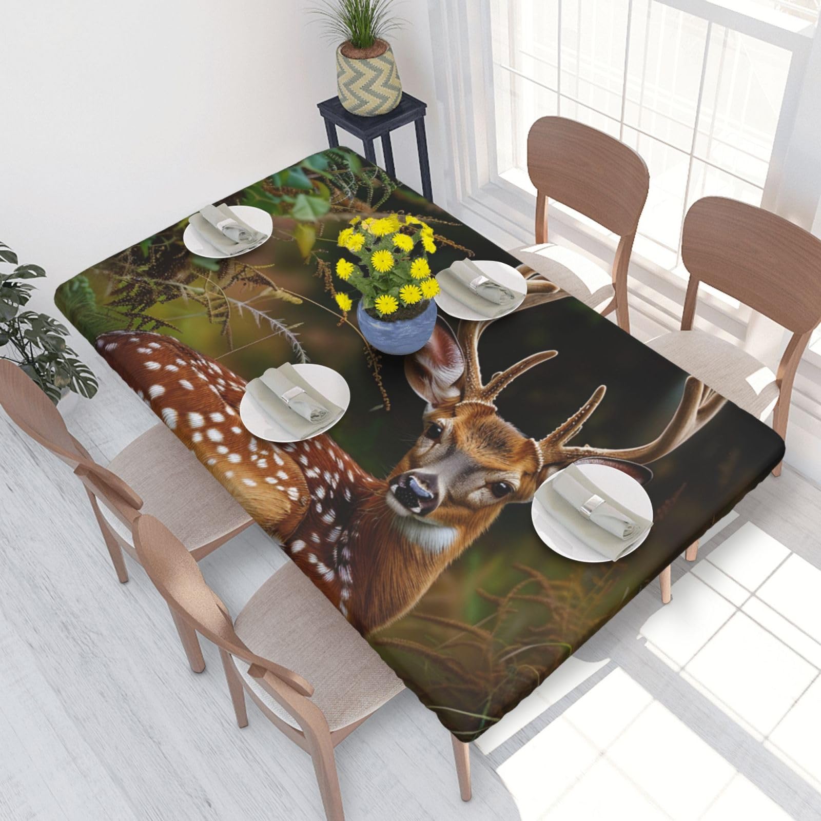 WPKJU Whitetail Deer Fawn in Wilderness Stag Printed Tablecloths 4ft Rectangular Table Covers Washable Polyester Decorative Table Cloth for Dining Table Picnic Wedding