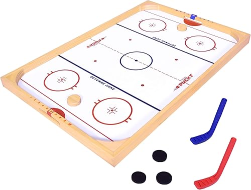 GoSports Ice Pucky - Juego de hockey de mesa de madera para niños y adultos, incluye 1 tablero de juego, 2 palos de hockey y 3 discos