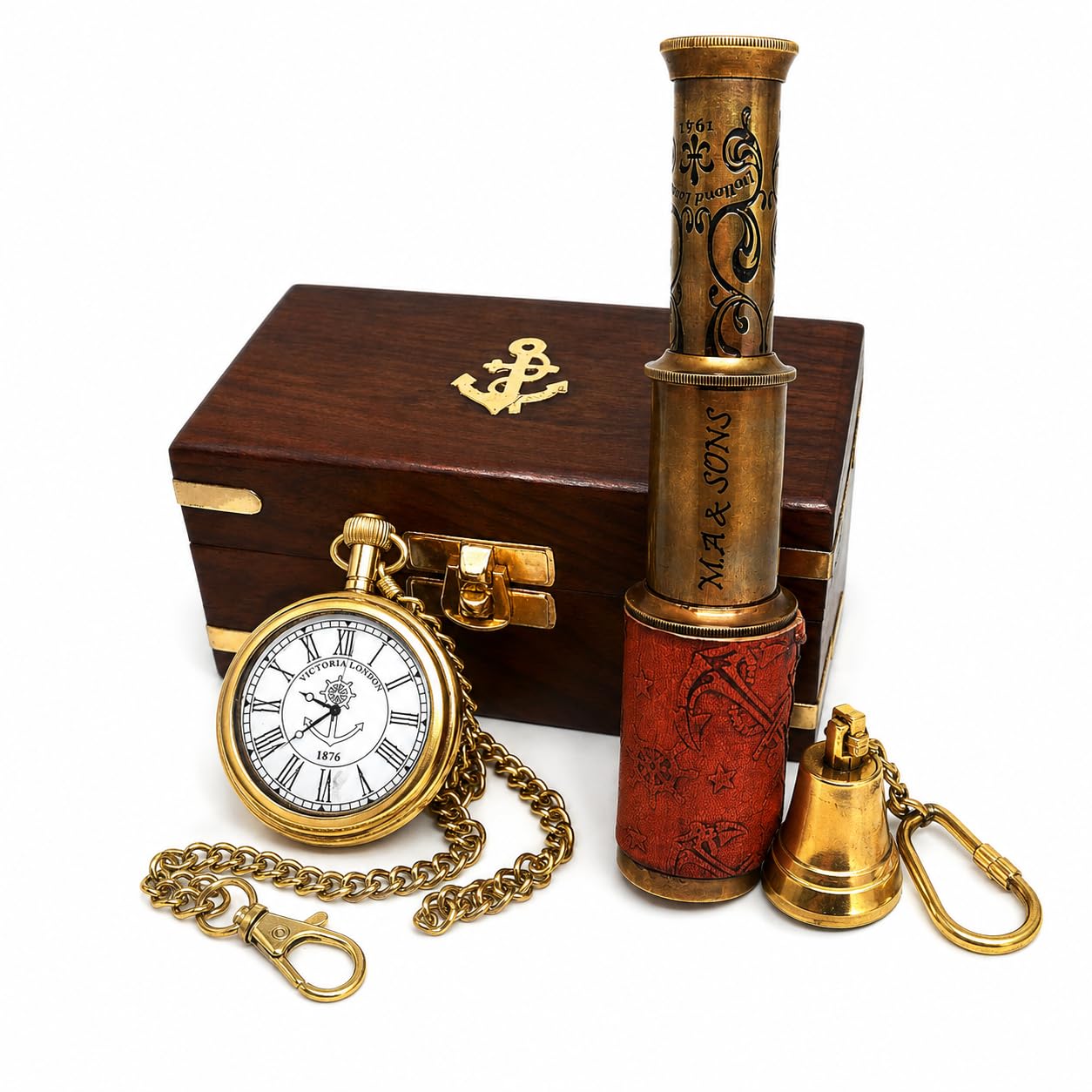 M.A & SONS Personalized Brass Gift Set | 6.5" Engraved Telescope, 2" Custom Pocket Watch with Chain, Bell Keychain | Sheesham Wood Box | Vintage Handcrafted Collectible-image-34