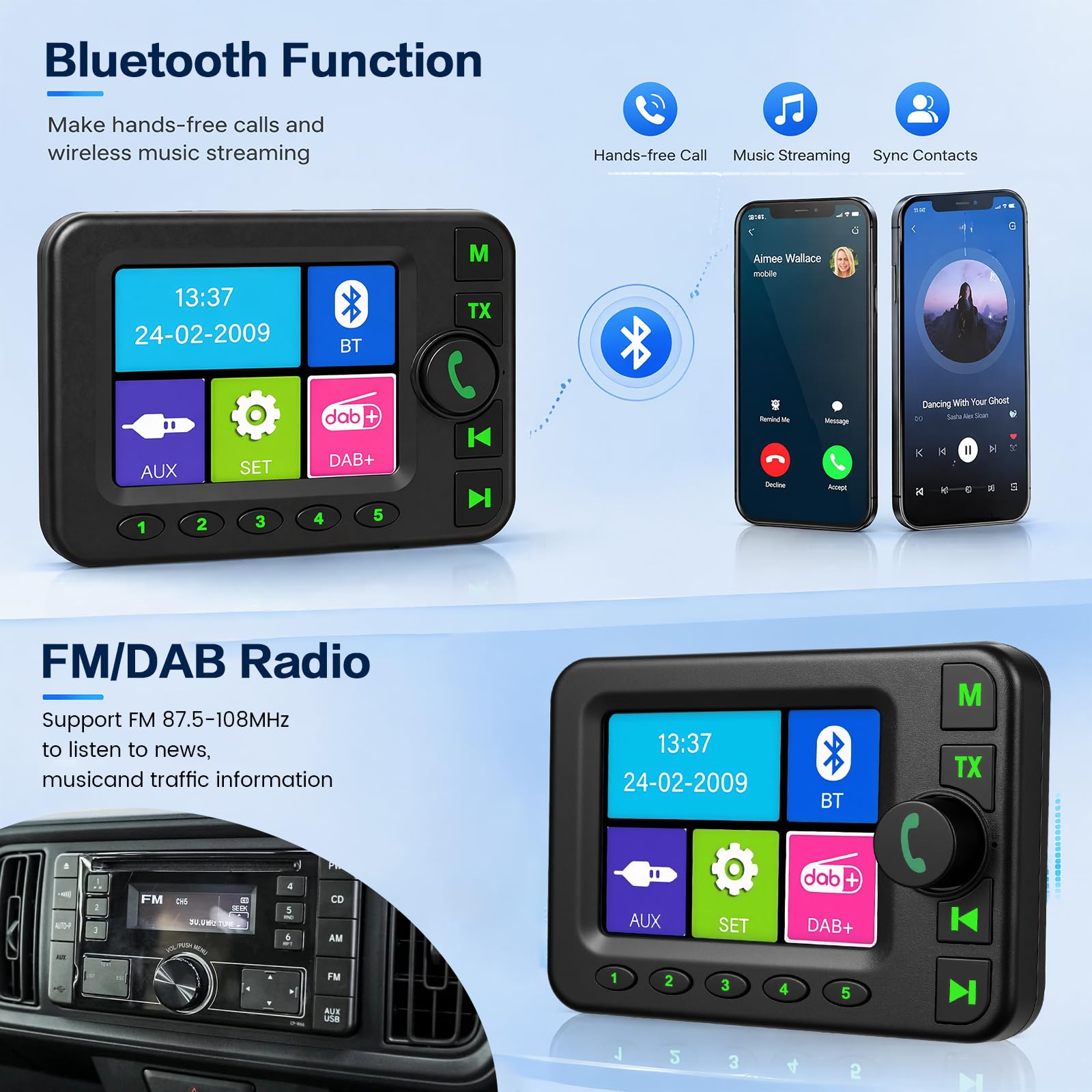 Inefala DAB+ Adapter für Autoradio, 2,8 Zoll bunter LCD-Bildschirm mit Bluetooth-Freisprecheinrichtung, Dab-Sender, FM-Sender, AUX-Eingang-Ausgang, TF-Karten-Musikwiedergabe, Autoladegerät