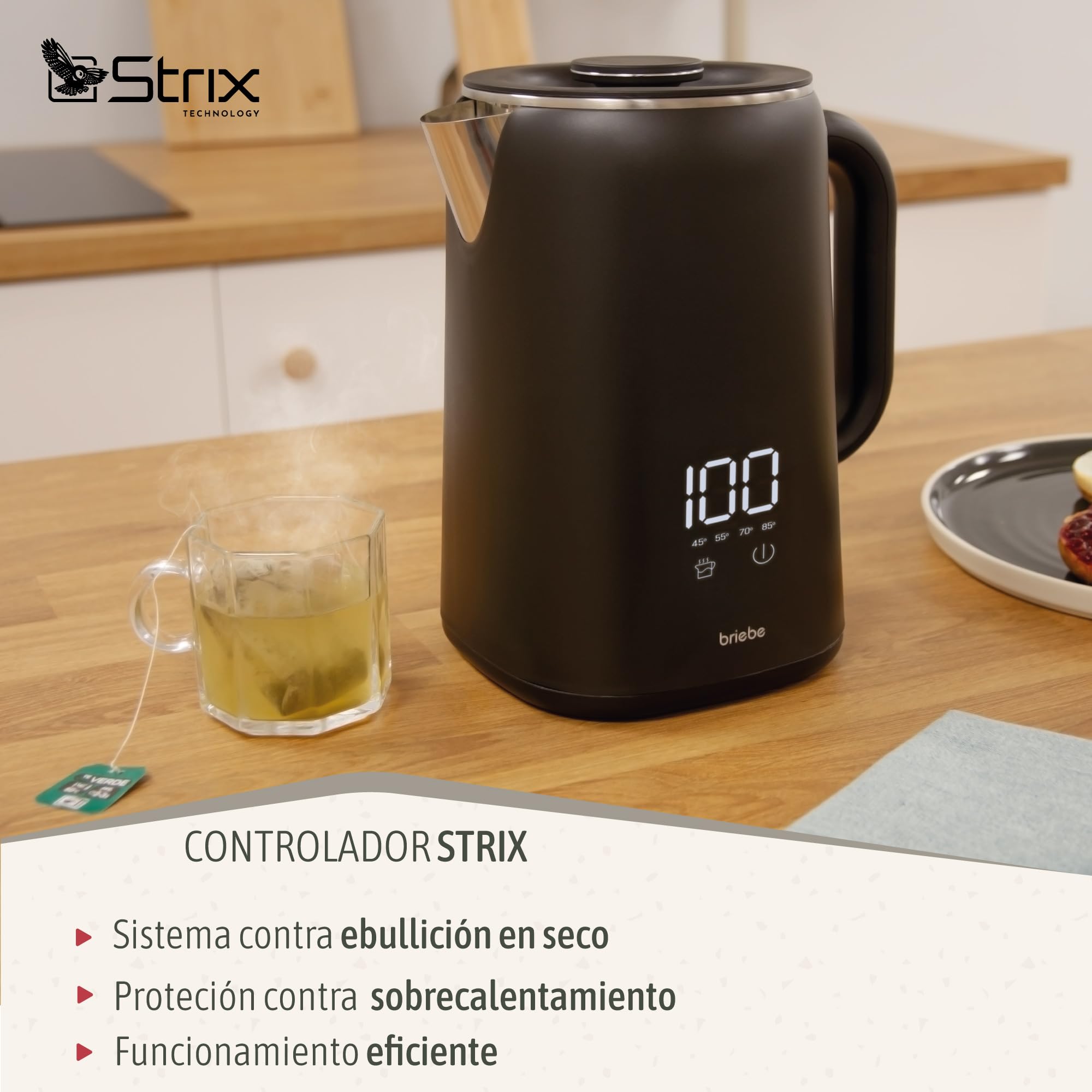 briebe eBoil Hervidor Agua Eléctrico 1,7L Regulador de Temperatura Digital 45°C a 100°C Función Keep Warm, 1500W, Interior Acero Inox, Libre de BPA, Base de 360°, Controlador Strix, Negro
