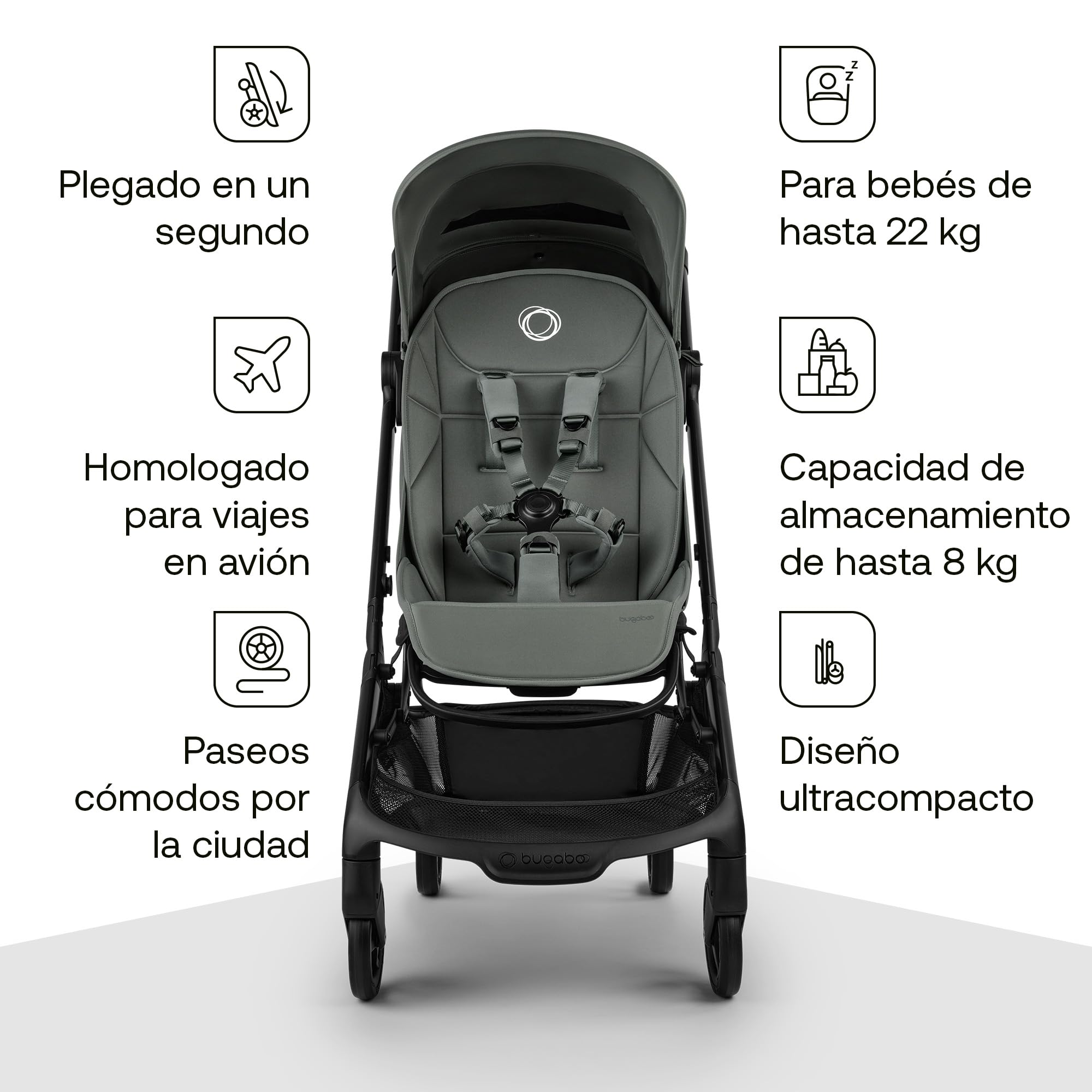 Bugaboo Butterfly 2 Silla de Paseo de Viaje – Pack con Barra de Seguridad y Cubierta para Lluvia – Ligera, Plegable a Una Mano y Asiento Reclinable, de 6 meses a 4 Años – Forest Green