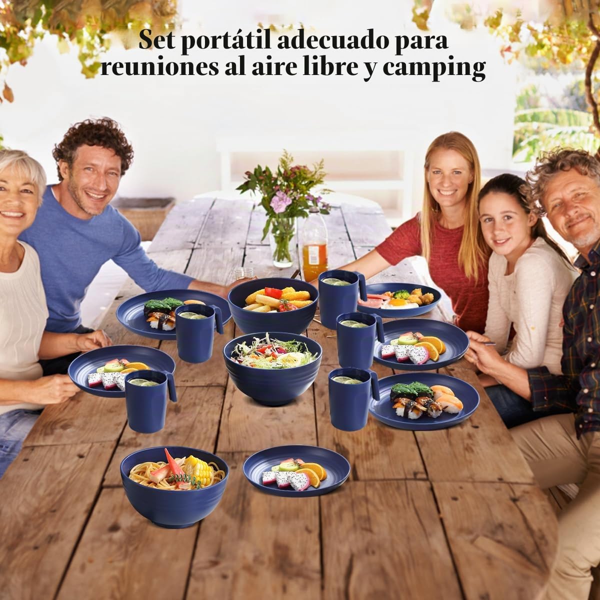 Kyraton Juego de vajilla de plástico de 32 piezas para 8, irrompibles y reutilizables, platos ligeros, tazas, cuencos, platos fáciles de transportar y limpiar, aptos para microondas, sin BPA, aptos