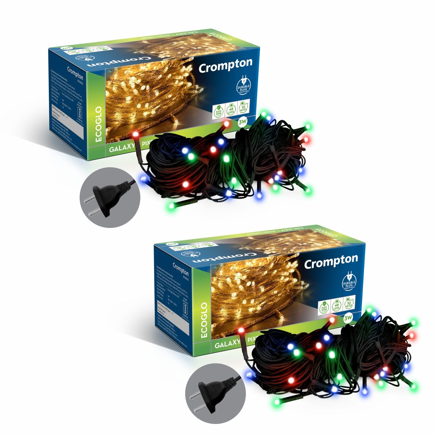 Crompton Galaxy Pixel Light | Festive Ladi Lights | 10 Meter | 48 LEDs | Multi-Colour | Pack of 2 | Direct 2-pin Plug | BIS Safe Wire | for Home Decoration, Diwali, Festival, Birthday, Marriage