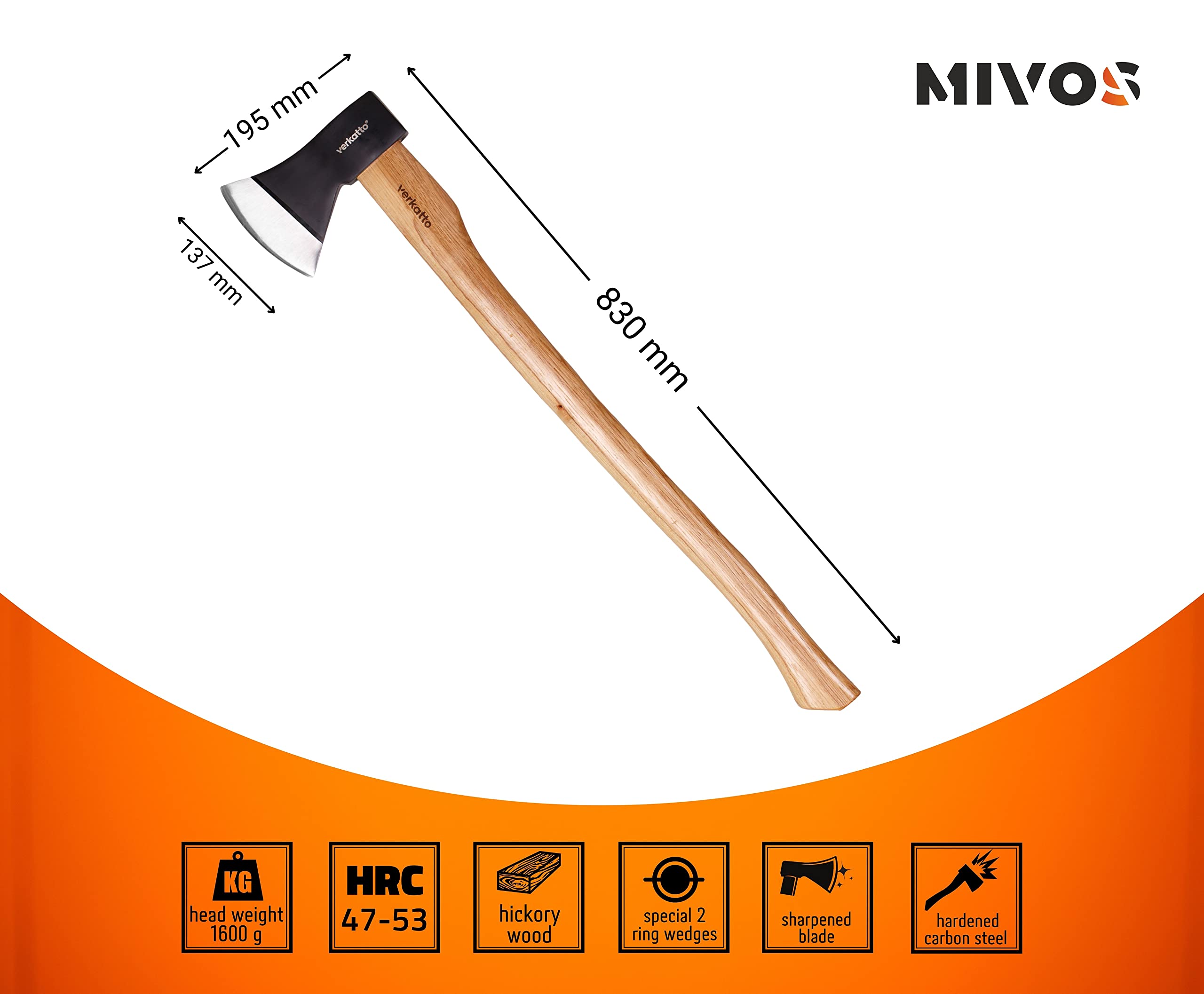 Mivos Hacha Forestal 1600 g Con Mango de Madera de Hickory y Cabeza de Acero Al Carbono - 83 cm - Para Cortar, Rajar, Partir y Procesar Madera en Jardín y Bosque