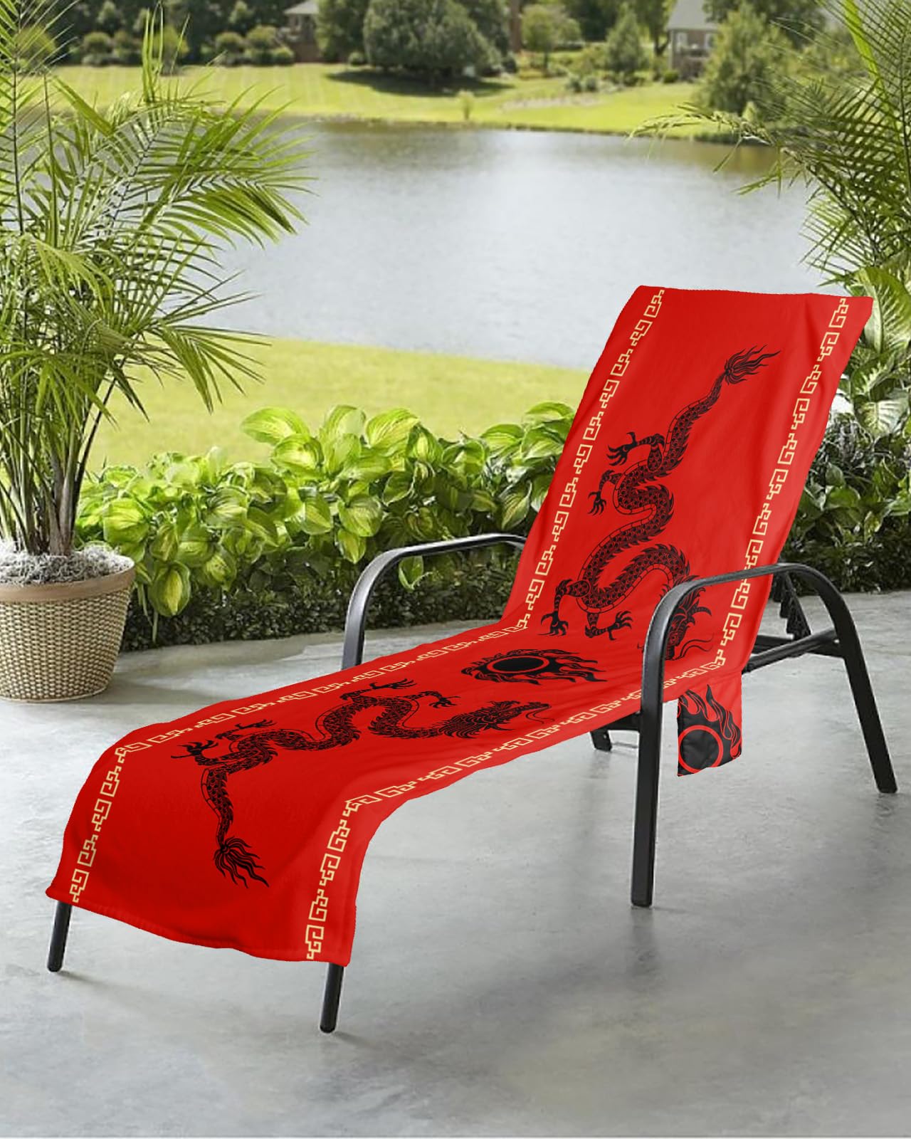 Traditional Dragon Beach Chair Towel Covers for Chaise Lounge with Side Pocket, Soft Plush Pool Towels Cover for Patio Sunbathing Outdoor 29''x85'' Oriental Chinese Red Gold Black