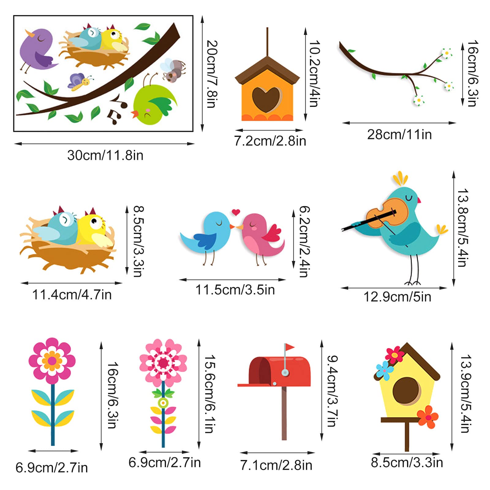 9 vellen raamafbeeldingen, lente, schattige vogels
