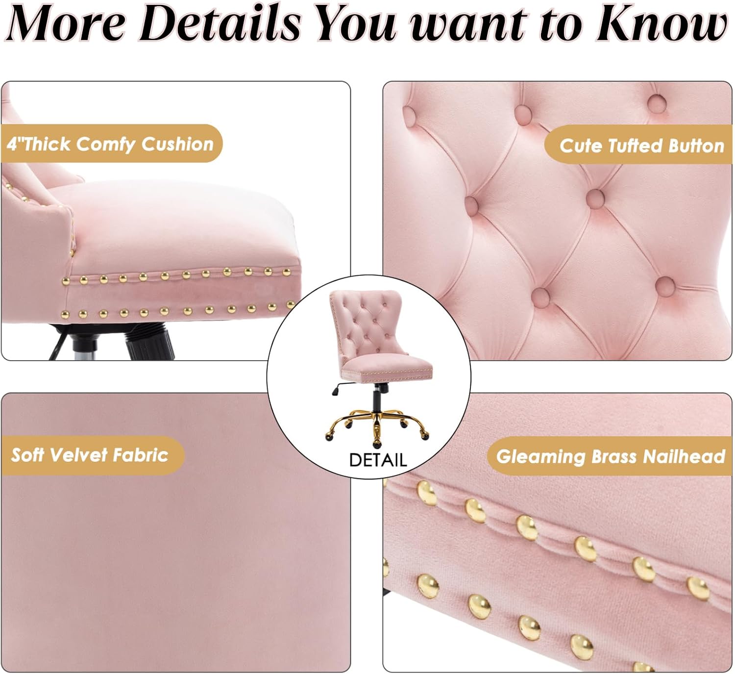 Velvet Home Office Desk Chair with Wheels & Gold Base, Comfy Tufted Makeup Vanity Chair for Women Girls, Upholstered Adjustable Swivel Armless Office Chair Study Chair for Bedroom, Pink