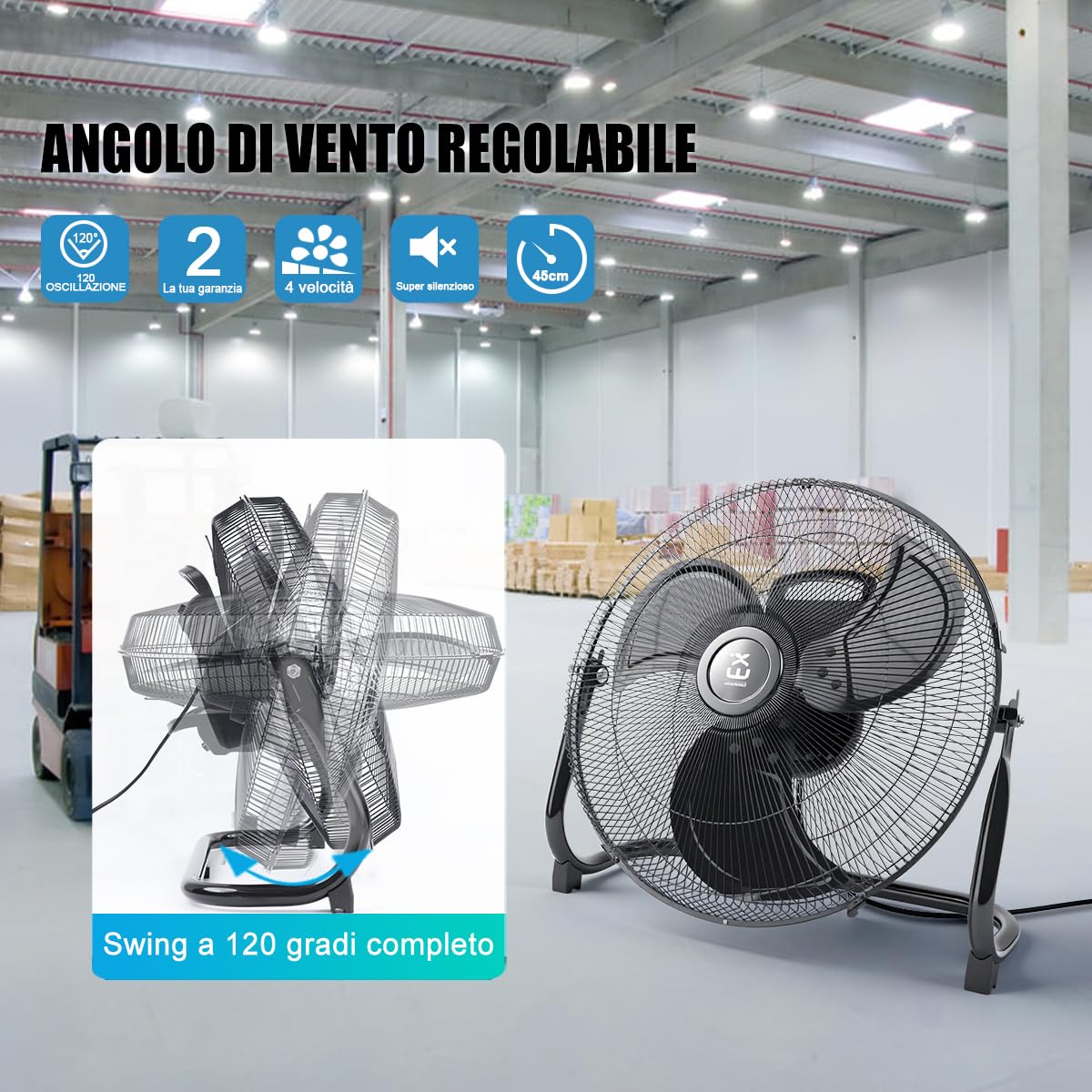 EXTRASTAR Ventilatore a Colonna Industriale da 50cm con Oscillazione Automatica 360° & 3 Velocità, 80W/1300 giri/min, Altezza Regolabile (101-130 cm), Nero