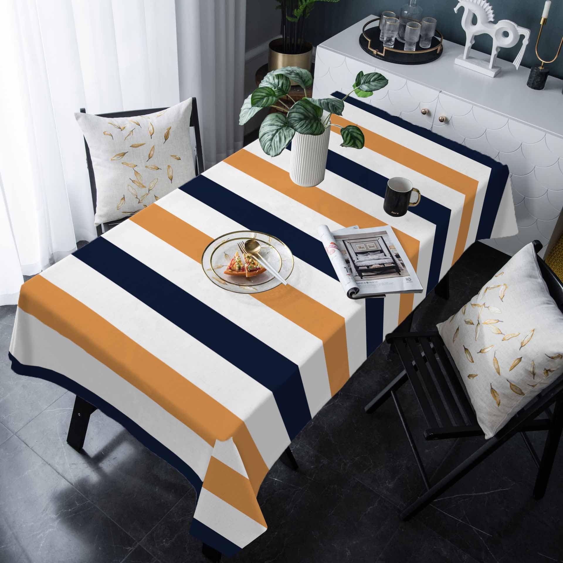 Rectangle Orange Vertical Stripes Tablecloth Waterproof & Stainproof Tablecloths, Geometric Navy Blue Striped Wipeable Table Cloth for Round/Rectangle