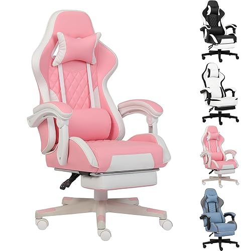 Opiesit Gaming Chair, Computer Office Chair with Footrest, Linkage Armrests and Lumbar Support, High Back Ergonomic Gamer Chairs for Adults, Pink - Pinkwhite