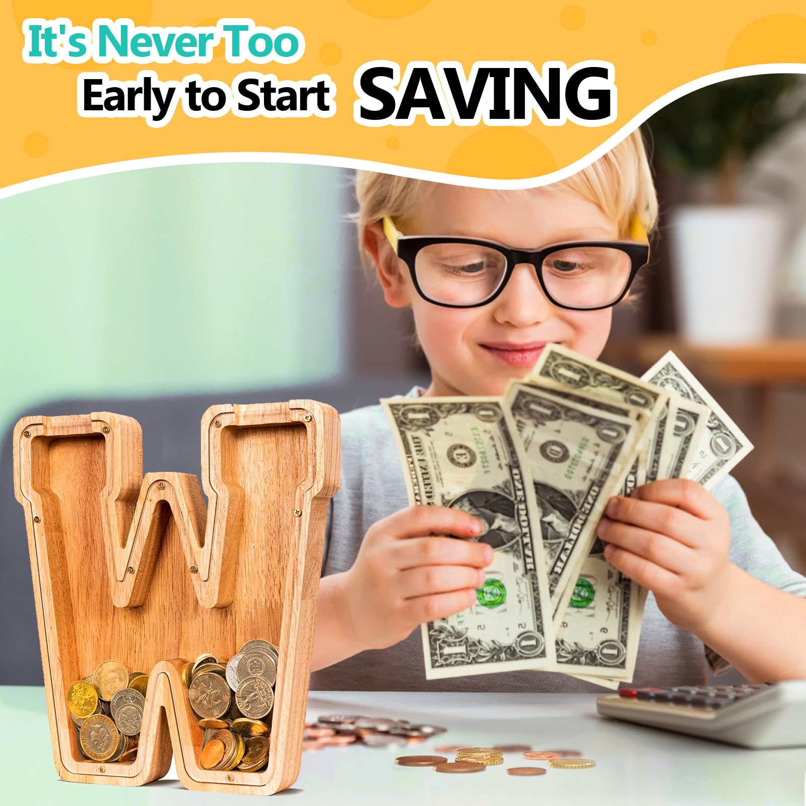 Summidate Salvadanaio con lettera in legno per bambini, A-Z lettera banca dei soldi personalizzato per bambini e bambine | Regalo di compleanno con banca di monete per bambini