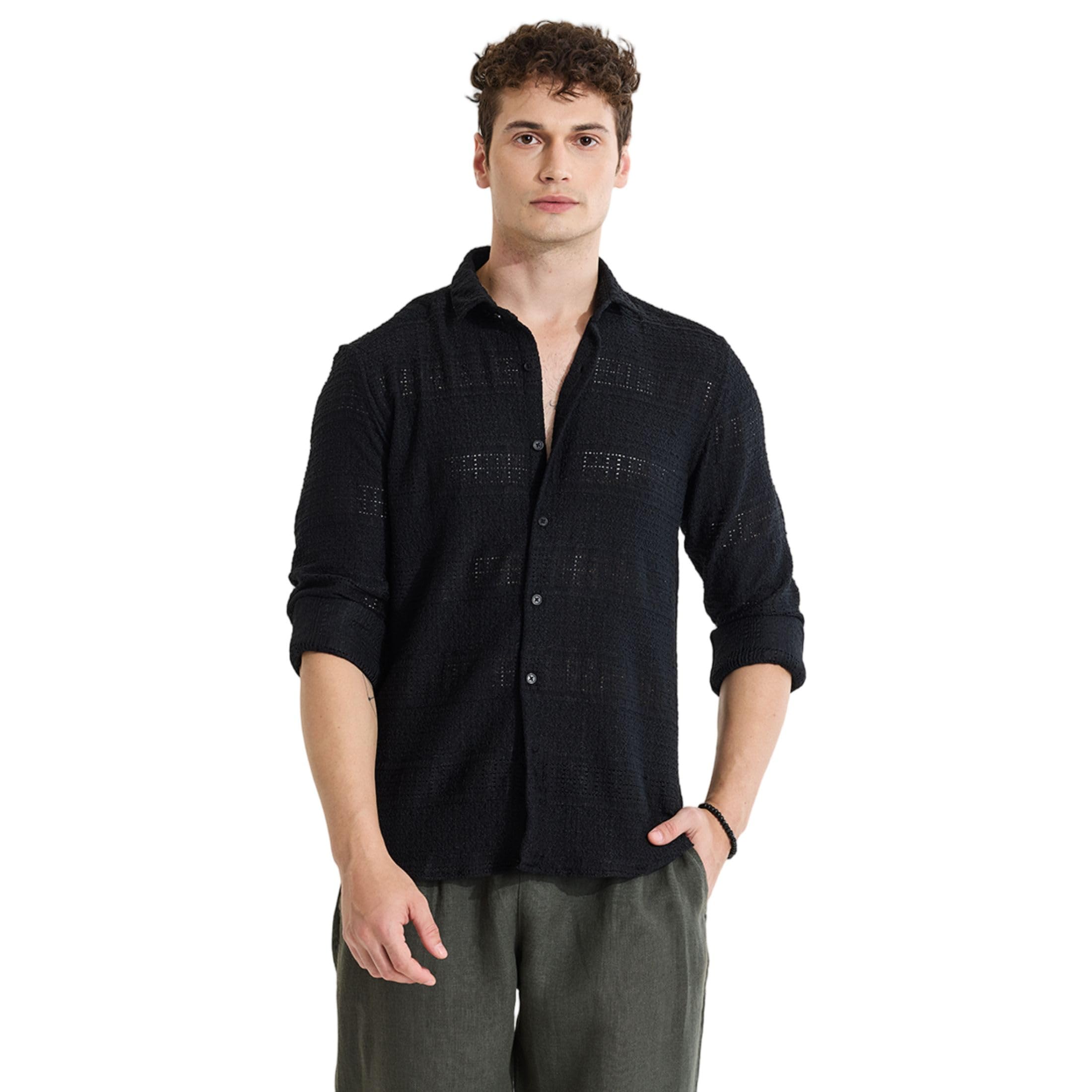 SNITCH Poly Blend Casual Spread Collared Black Textured Slim Fit Shirt in black
