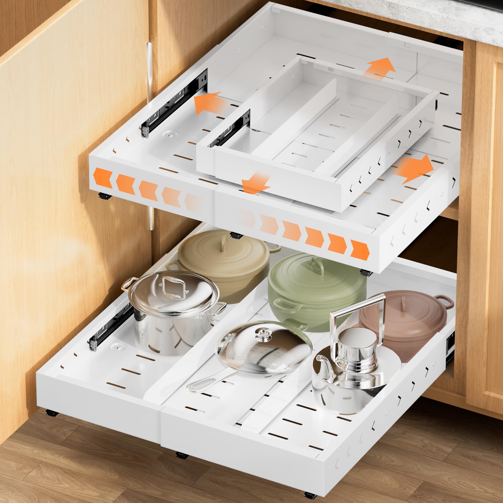 YJHome 4-Way Pull Out Cabinet Organizer Expandable with Magnetic Divider, Slide Out Drawer with Cutout Pattern Adjustable Width Depth for Kitchen Cupboards Bathroom Storage, White 1 Pack