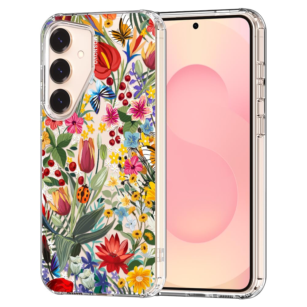 MOSNOVO Case for Samsung Galaxy S25 / Galaxy S24, [Buffertech 6.6ft Military-Grade Drop Protection] [Anti Peel Off Tech] Clear TPU Bumper Phone Case Cover Design - In The Garden