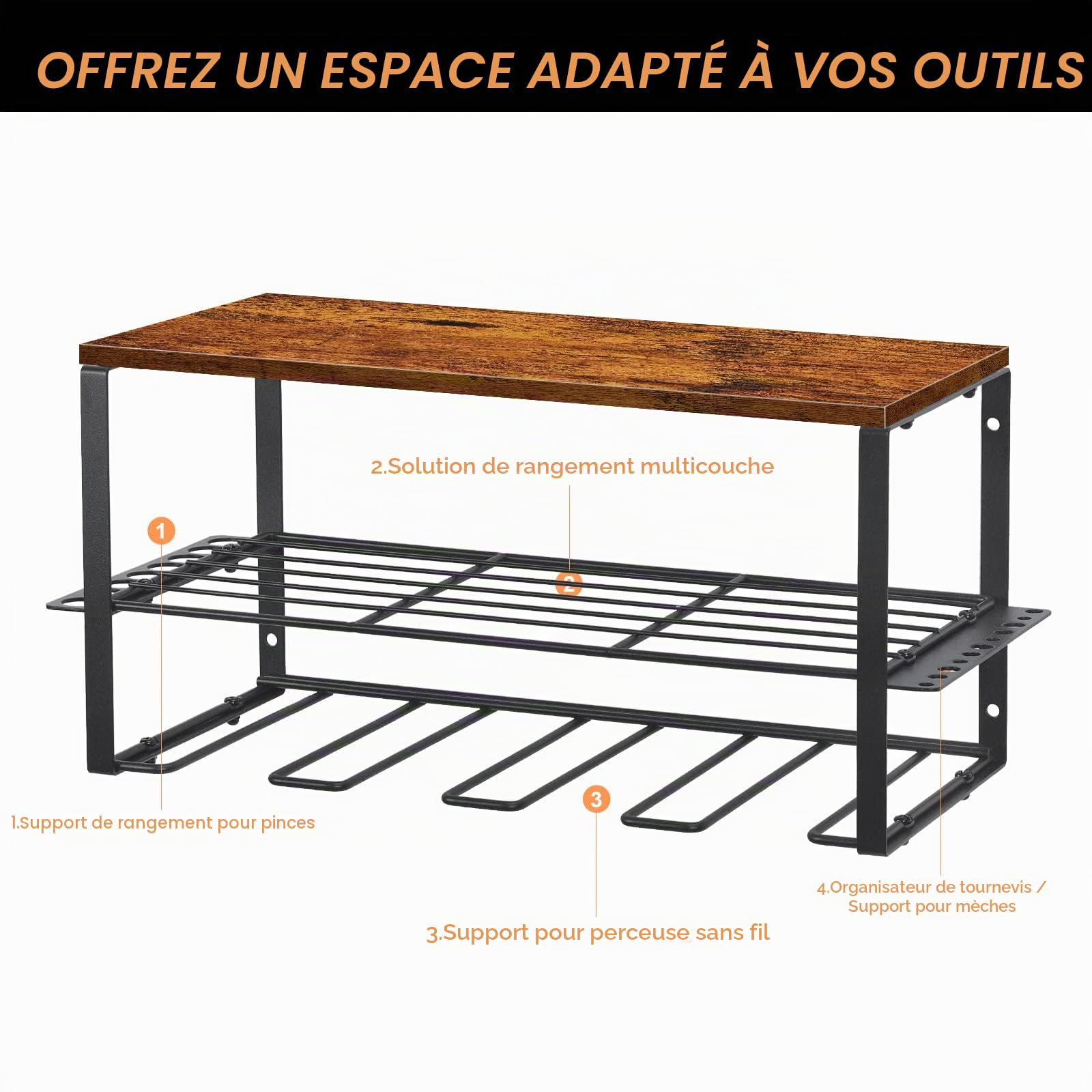 Nandae Organisateur Mural pour Outils électriques, porte-outils pour 4 perceuses, 3 emplacements avec Rangement tournevis latéral pour garage, atelier