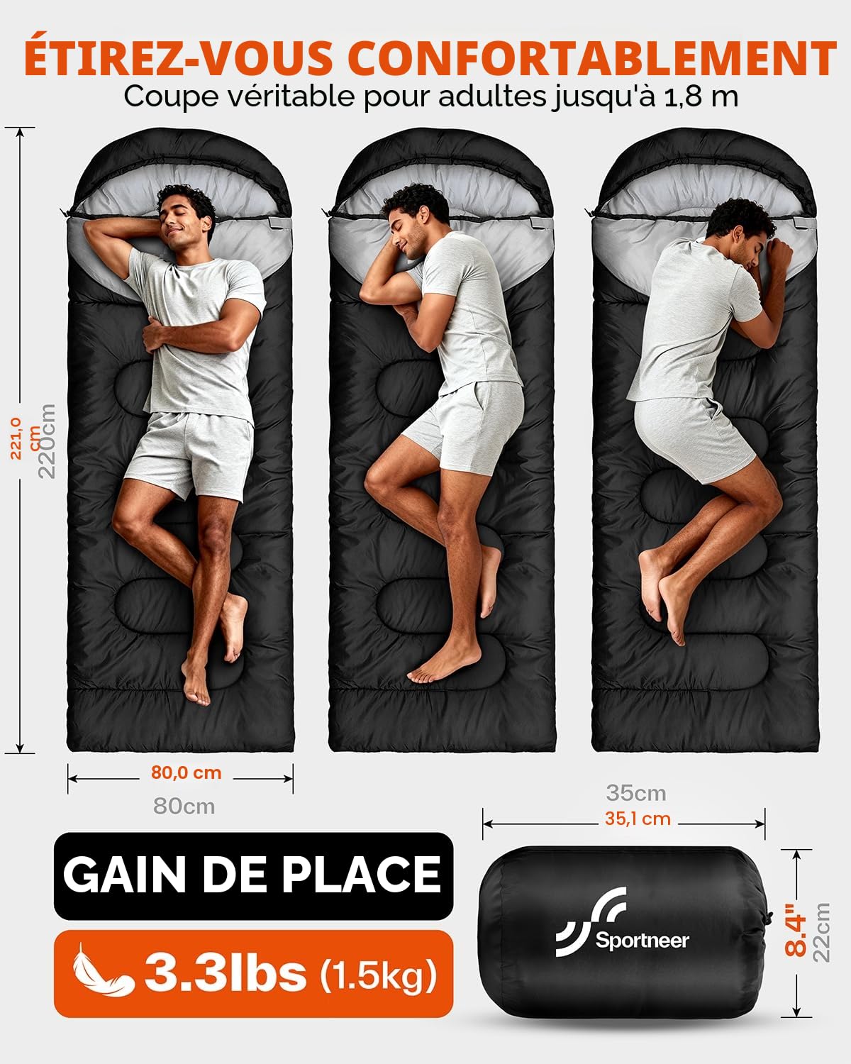 Sportneer Sac de Couchage d'extérieur pour Adultes et Enfants - Sac de Couchage léger et Portable pour Le Camping, la randonnée, la randonnée