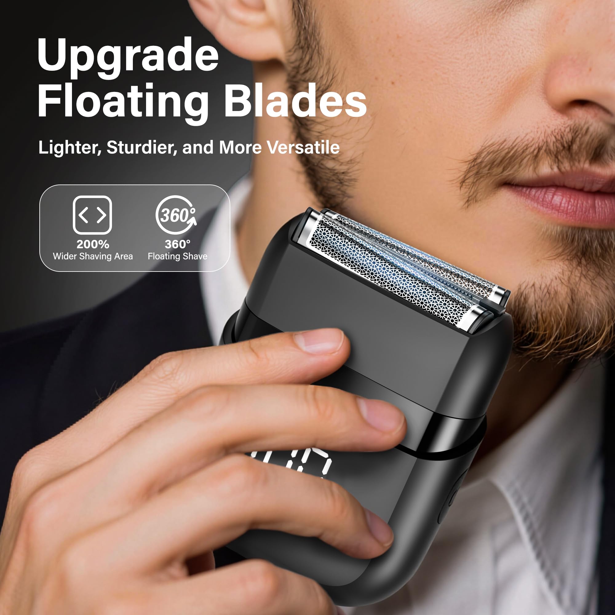 Rasoir électrique pour homme, triple lame flottante 3D avec technologie de peigne, étanchéité IPX7, rasage humide et sec, rasoir de voyage portable rechargeable sans fil avec écran LED et housse