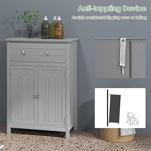 Miniatura 8 de LOKO Bathroom Floor Cabinet, Kitchen Storage Cabinet with 1 Drawer, 2 Doors & 3-Position Adjustable Shelf, 2-Door Floor Storage Cabinet for