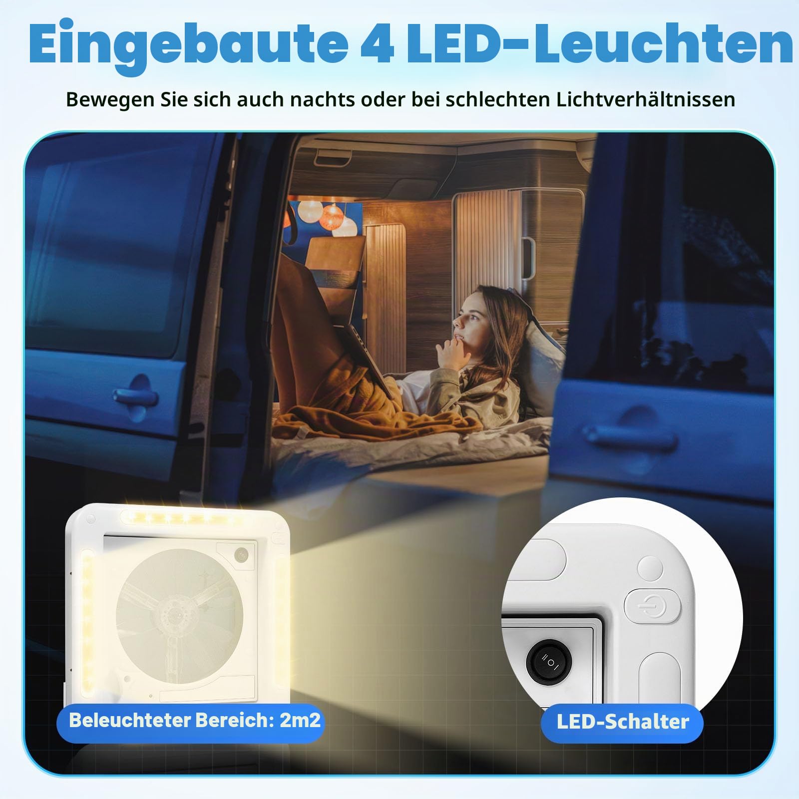Wohnmobil Dachlüfter 12V 5W, Lüftungsventilator für Wohnwagen, Dachlüfter Wohnmobil mit LED-Licht und Insektenschutzgitter, dachluke wohnwagen für Wohnmobil Dachventilator