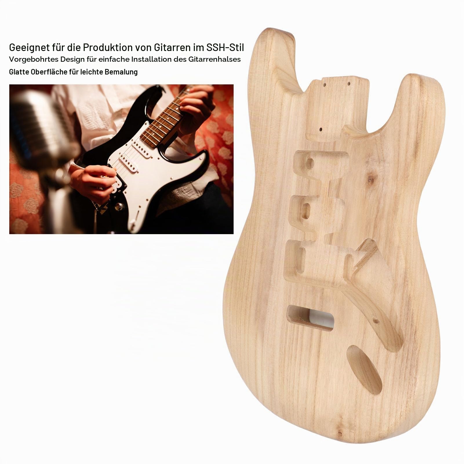 Unvollendeter E-Gitarren-Korpus, Paulownia-Holz-Gitarren-Korpus, Gitarren-DIY-Zubehör, Leichtes E-Gitarren-Korpus-Ersatzset Im Absatz für SSH-Gitarre