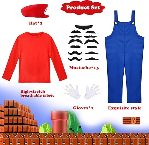 Vista 2 de Vermeyen Traje de fontanero para adultosniños con sombrero, guantes de bigote, accesorio para disfraz de Halloween o cosplay