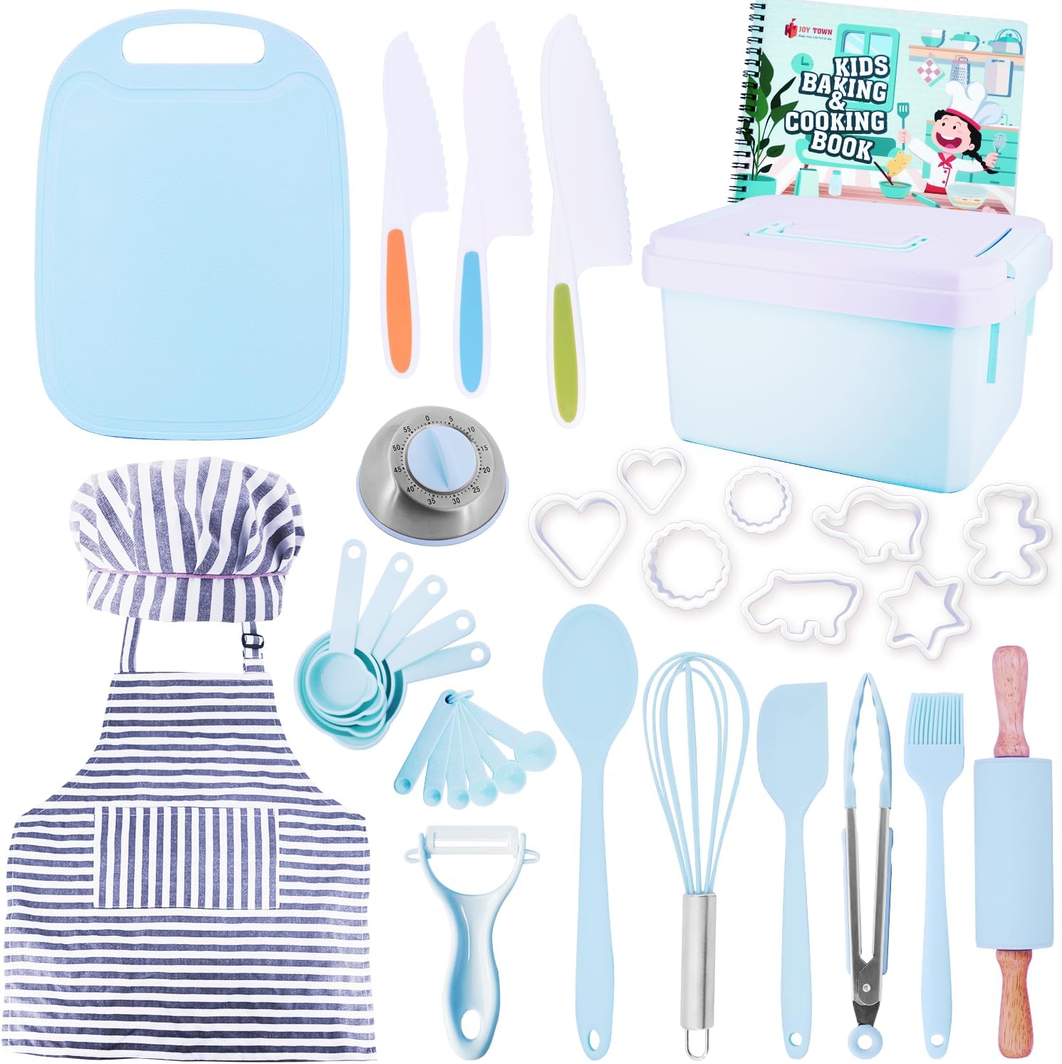 JoyTown Kids Cooking and Baking Set with Storage Case – Real Cooking Supplies with Cookbook, Knives, Timer, Kids Baking Kit for Girls & Boys – Complete Utensils Accessories with Chef Apron & Hat