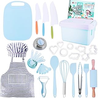 JoyTown Kids Cooking and Baking Set with Storage Case – Real Cooking Supplies with Cookbook, Knives, Timer, Kids Baking Kit for Girls & Boys – Complete Utensils Accessories with Chef Apron & Hat