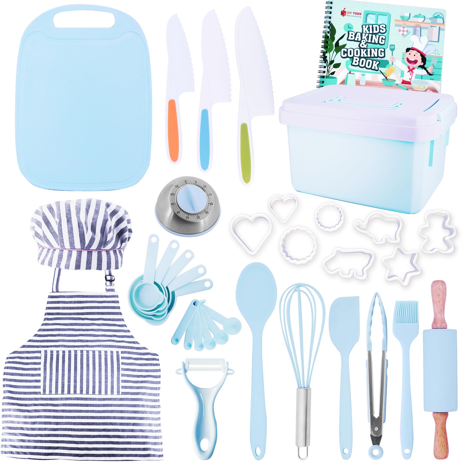 JoyTown Kids Cooking and Baking Set with Storage Case – Real Cooking Supplies with Cookbook, Knives, Timer, Kids Baking Kit for Girls & Boys – Complete Utensils Accessories with Chef Apron & Hat