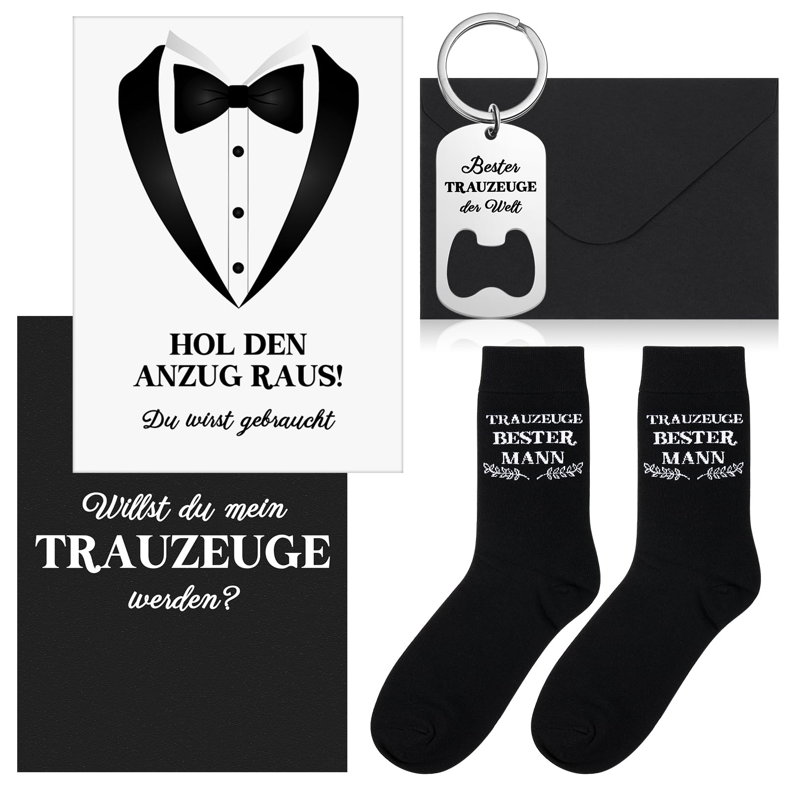 Otuuz Otuuz Regalo de testigo de boda Llavero de Abrebotellas mejor padrino Calcetines de acompañante de honor del novio con Tarjeta Willst du Mein Trauzeuge Sein