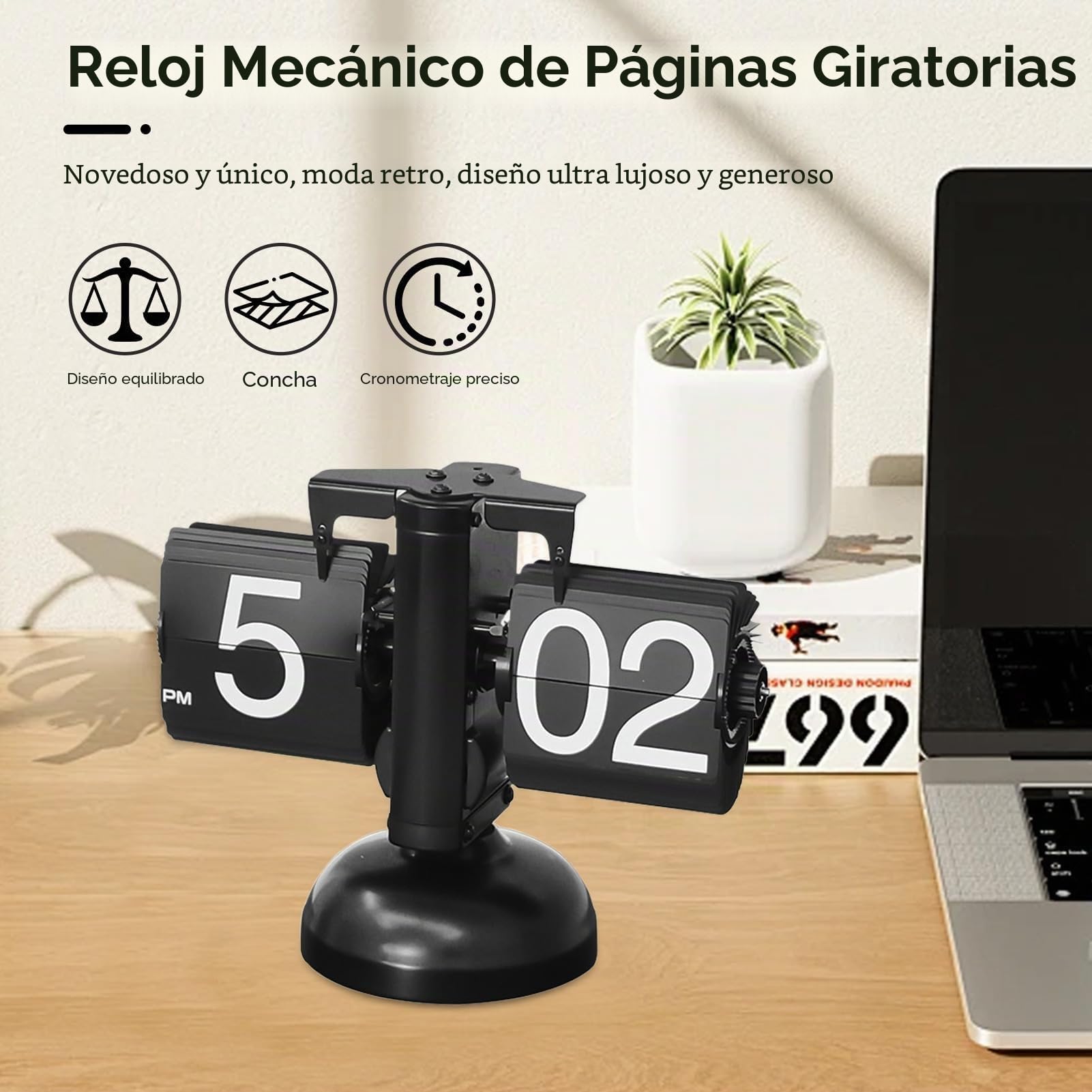 Cyrank Reloj Abatible Retro Mecánico Digital Moderno con Engranaje Interno Operado, Reloj Abatible Digital Retro Reloj De Escritorio Mecánico Silencioso Y Preciso Reloj para Mesita De Noche(Negro)