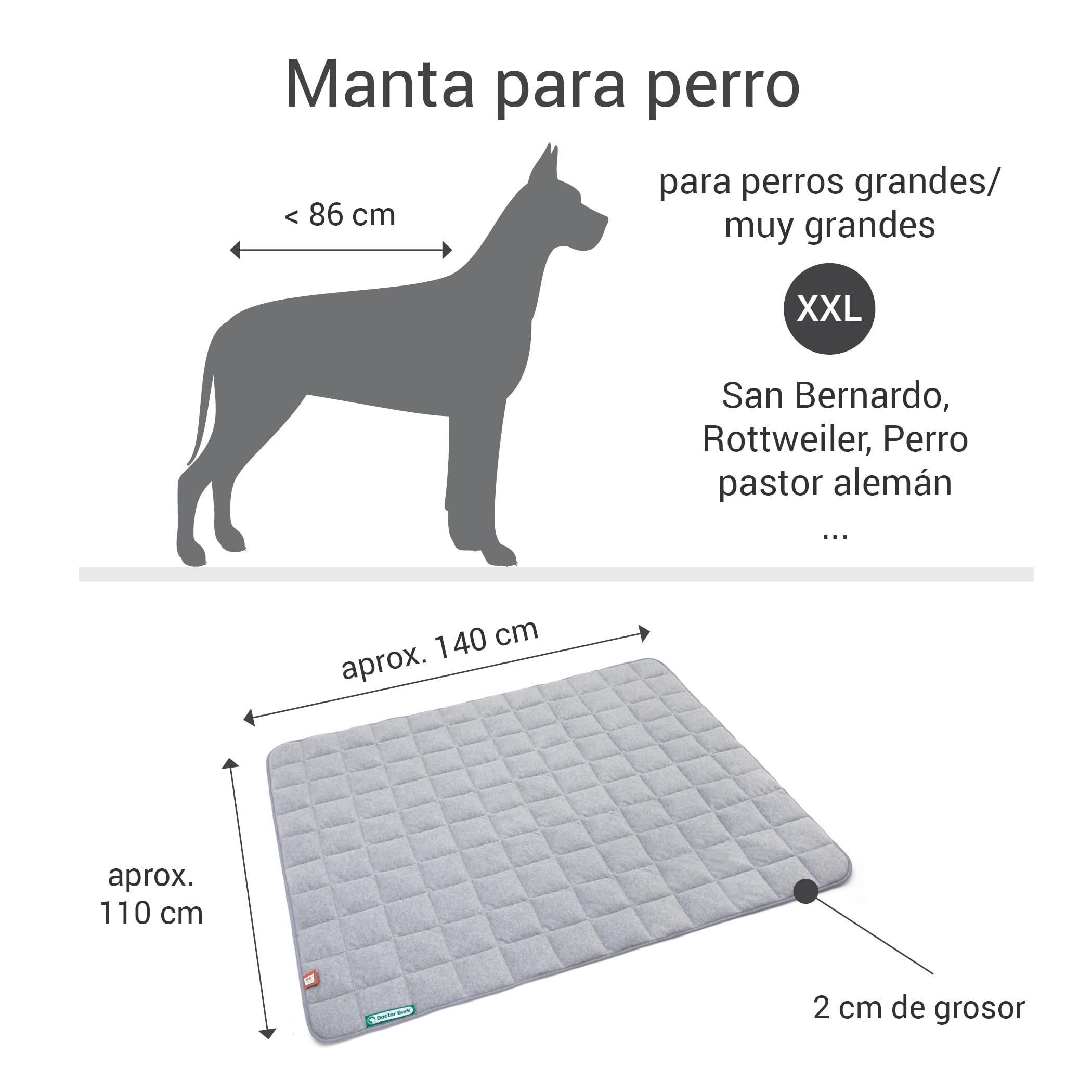 Doctor Bark Cama para perros Manta de forro polar, reversible, mullida, resistente y lavable hasta 95 °C, para interiores y exteriores (XXL, 140 x 110 cm, gris claro)