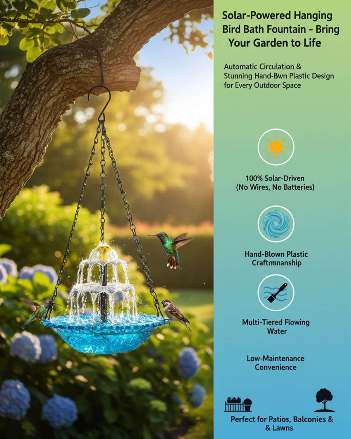 Cascade Solaire Suspendue Eagle Bath Fountain Heater Solaire alimenté Eadbath Colibri Fontaine d'eau Grande 3 Couches Pompe de Bain d'oiseau Bol en Verre pour Patio extérieur Cour (Gris)