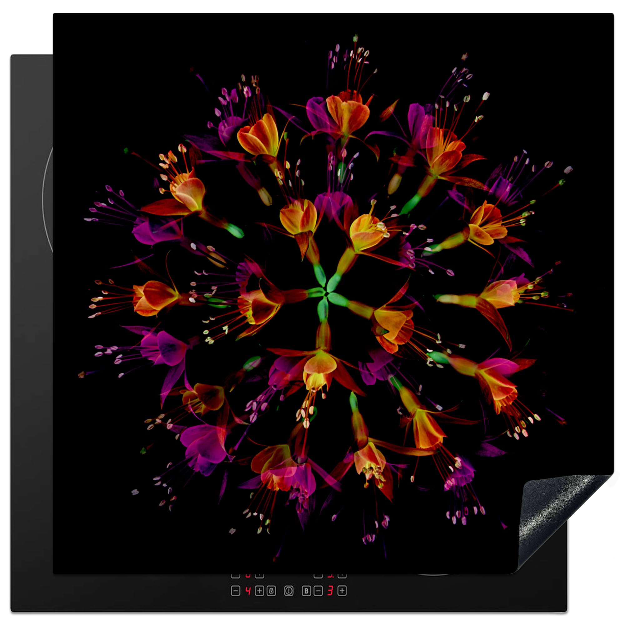 KitchenYeah© Induction Hob Cover Protector Mat 30.7"x30.7" / 78x78 cm Kitchen Universal Ceramic Covers for Electric Cookers Vinyl Flowers - Orange - Pink - Black