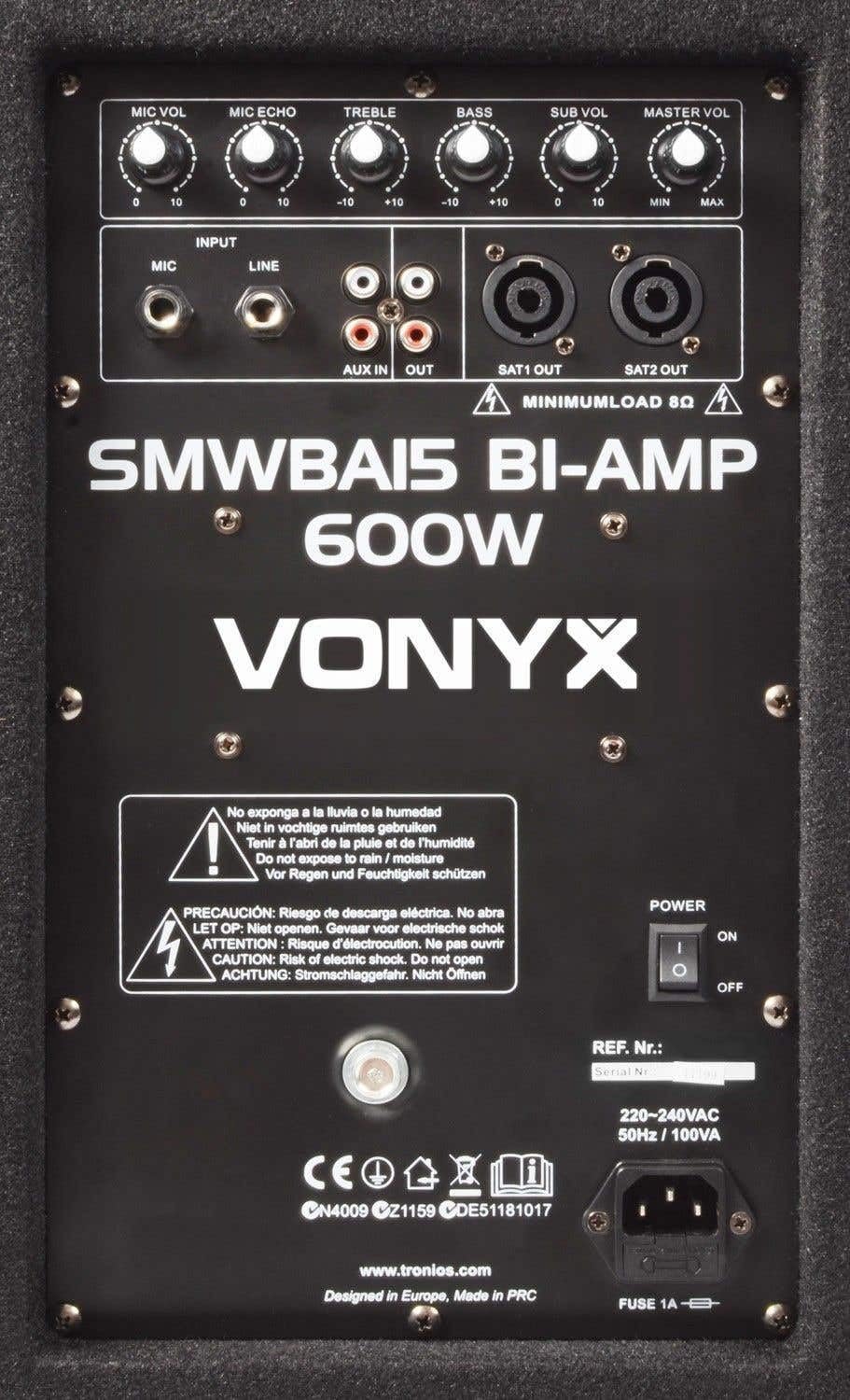 Vonyx SMWBA15 Caisson de basse DJ actif 600 W – Subwoofer sono bi-amplifié 15'', Mixage intégré, Echo mode, Connectique Speaker, Infra-basse