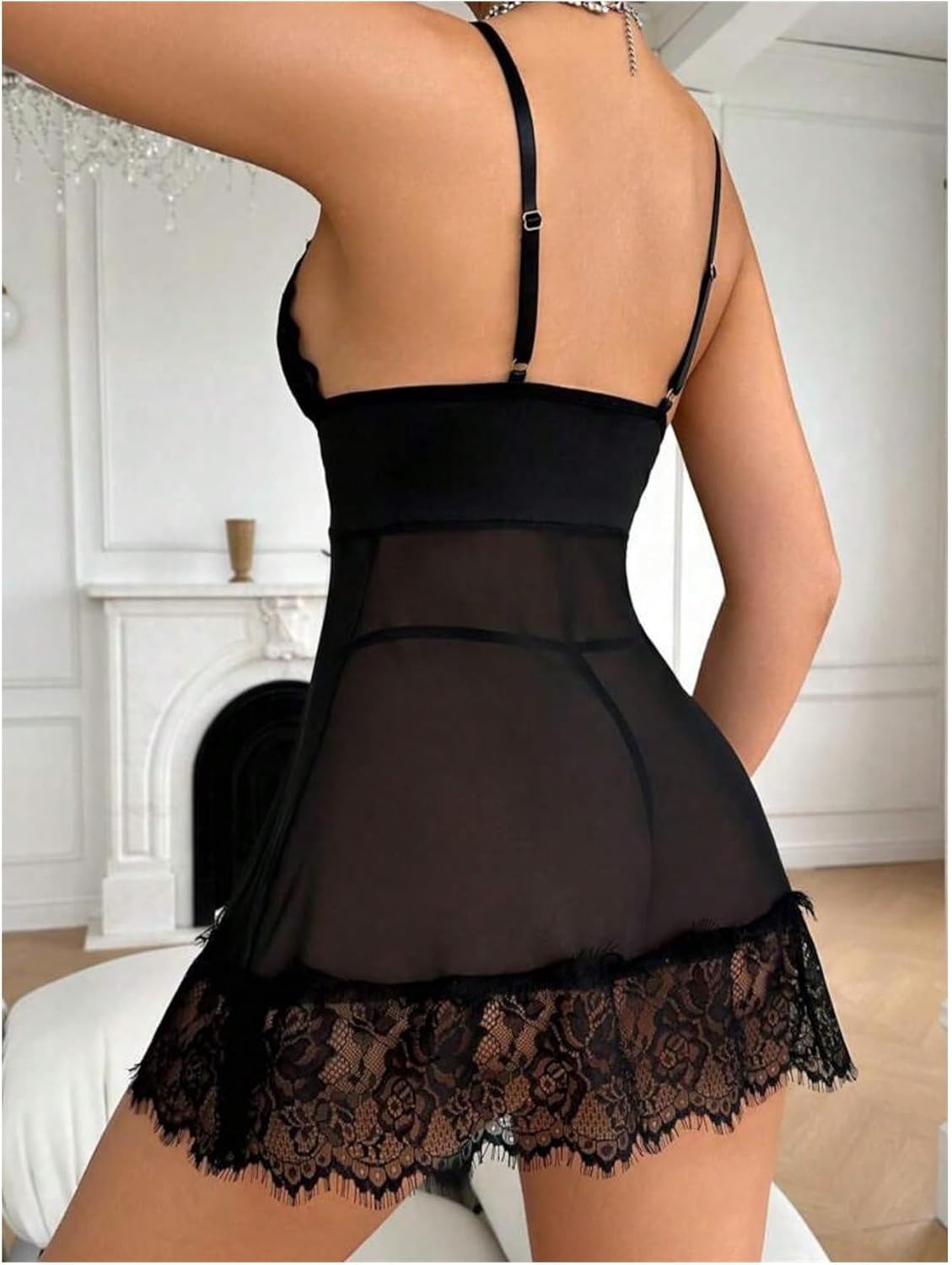 Floerns Women's Lingerie Sheer Lace V Neck Babydoll Nightdress Nightgown with Thong - Image 3