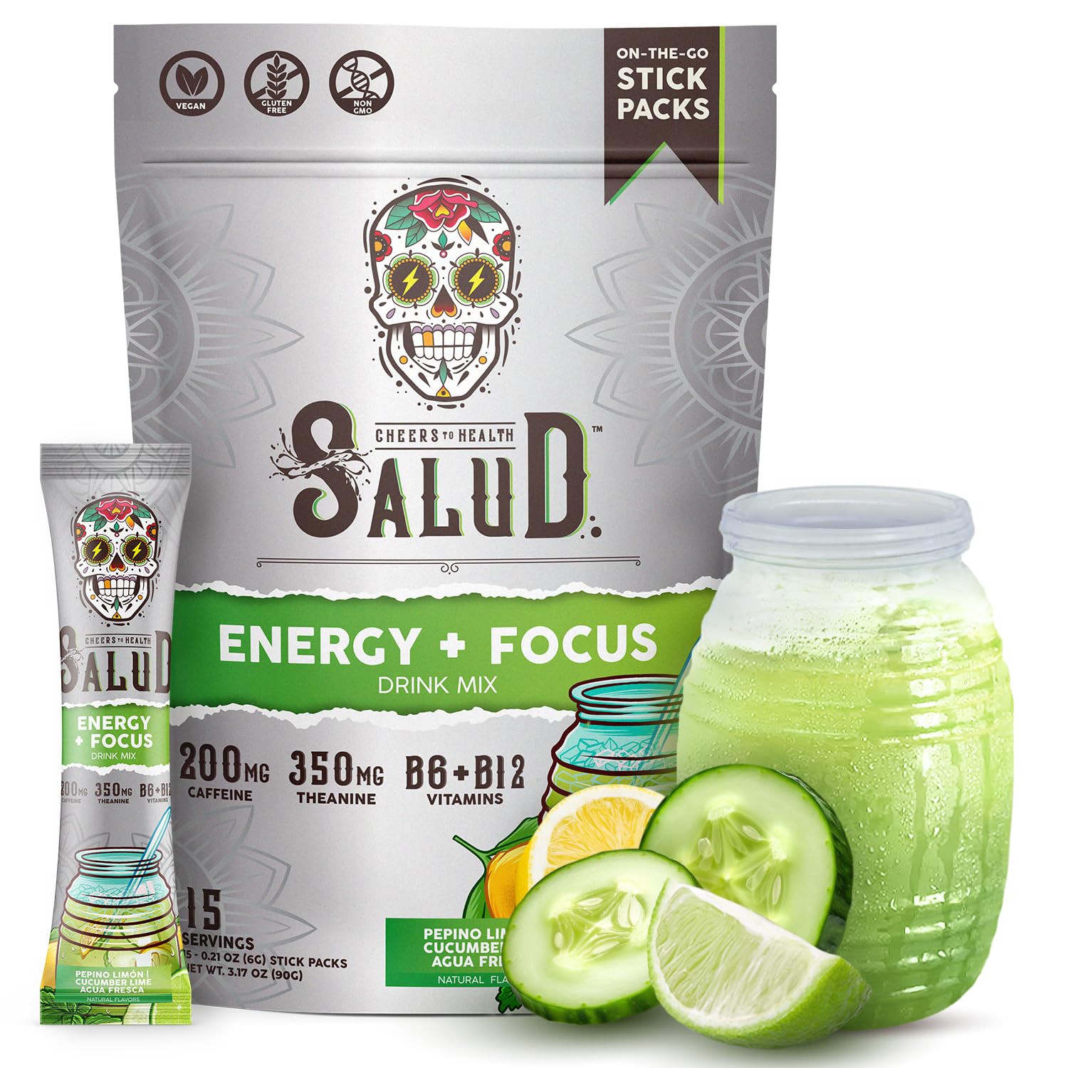 Salud 2-in-1 Energy Drink Powder + Focus, Cucumber Lime, Organic Caffeine, B6 + B12, Theanine, Clean Energy Drink Packets, Agua Fresca Mix, Non-GMO, Gluten Free, Vegan, 1g of Sugar, (15 Servings)