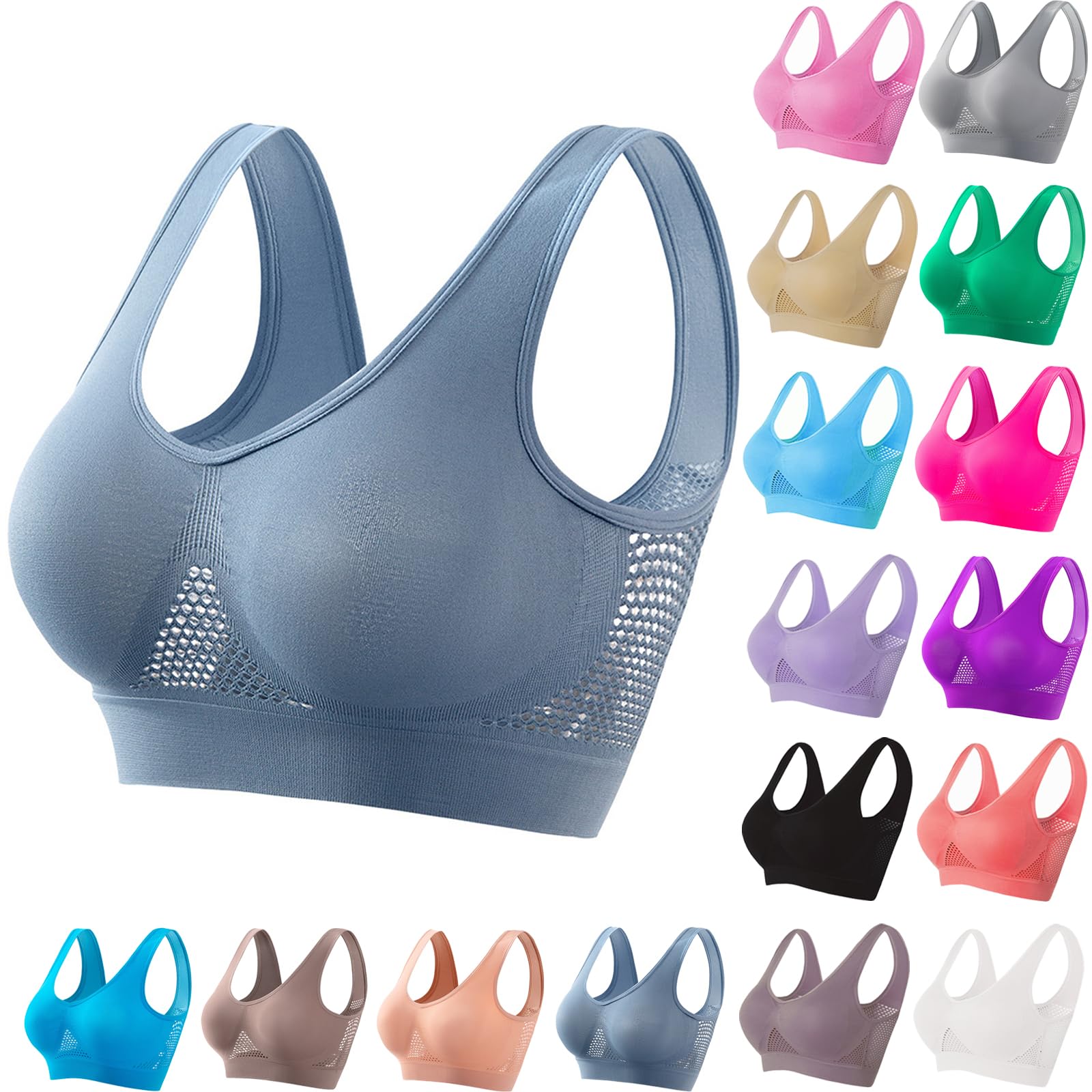 Breathable Anti-Sagging Sports Bra for Women Plus Size Wireless Bras with Cooling Lift-Up Air Tech Mesh High Support