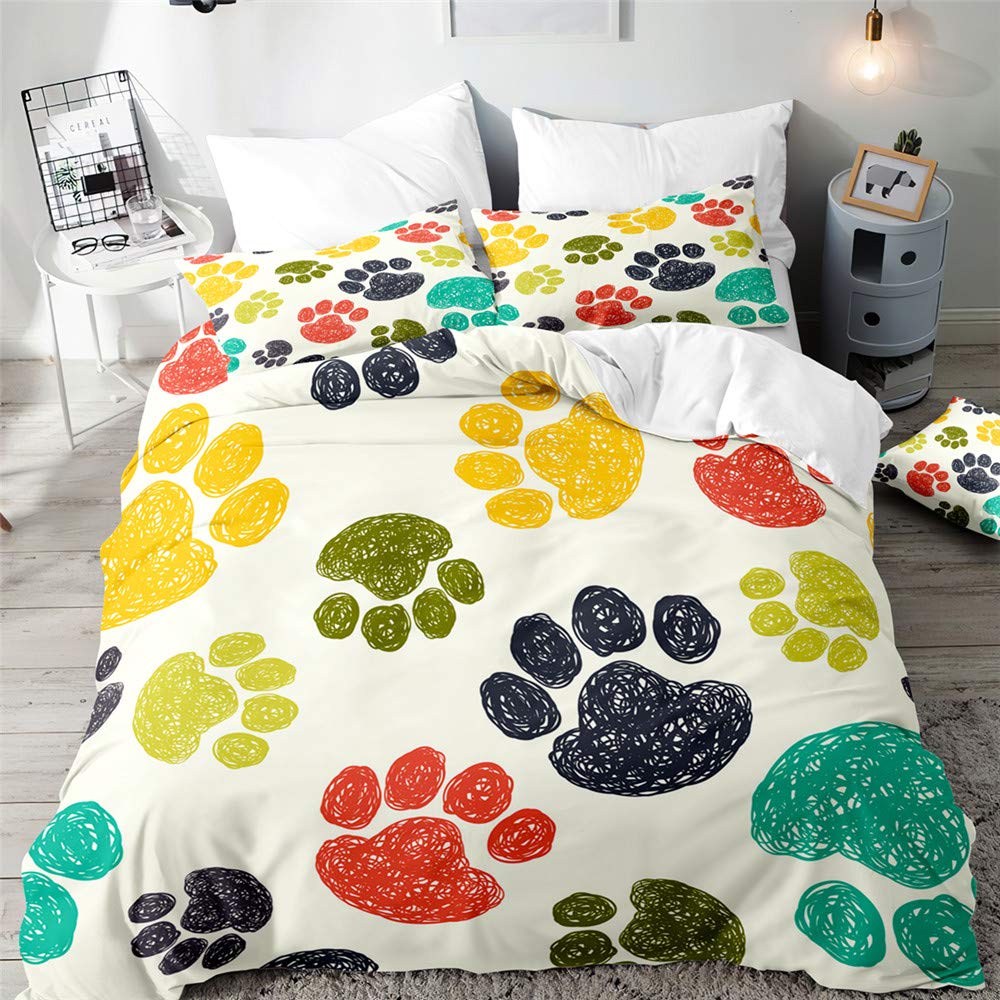 Morbuy Boys Multicolor Paws Duvet Cover Set For Single Double King Bed, Puppy Printed Bedding Sets Girl Bedroom Microfiber Duvet Set Quilt Case With Pillowcases (,220X230cm)