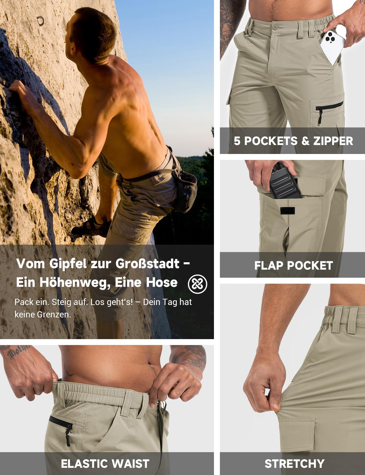Wespornow Pantalones Cortos 3/4 para Hombre, Bermudas, Cargo al Aire Libre, Impermeables, Pantalones de Senderismo, elásticos, Trekking, Pantalones Deportivos
