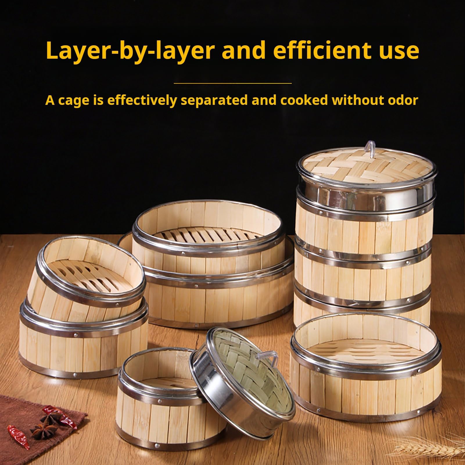 ohfruit Panier vapeur en bambou fait à la main avec couvercle 3 niveaux pour la cuisson des paniers vapeur, boulettes, légumes, poulet, poisson, riz, 30 cm