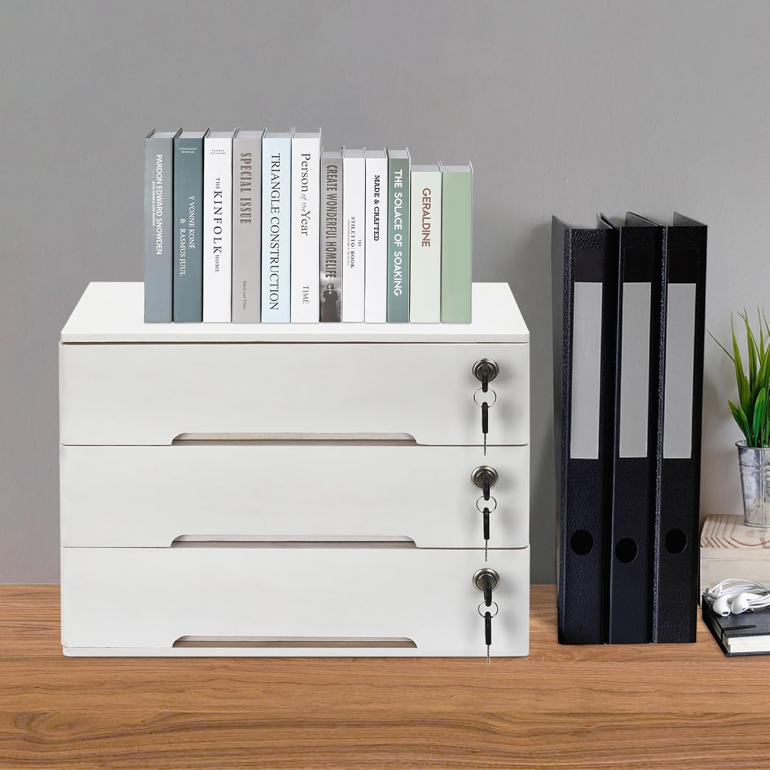 Organizer da Scrivania in Legno con Serratura E Cassetti - Elegante Contenitore da Scrivania per Articoli da Ufficio, Carta, Gioielli, per Organizzare Cassetti E Ripiani White 3 Tiers