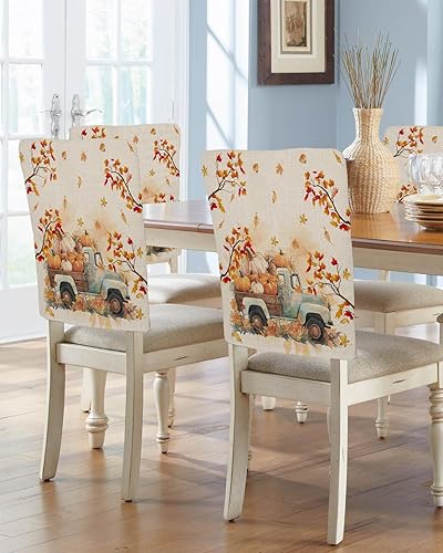 Miniatura 2 de Paquete de 4 fundas para respaldo de silla de otoño de Acción de Gracias para sillas de comedor, otoño, cosecha, calabaza, hojas, lavable, elástico,