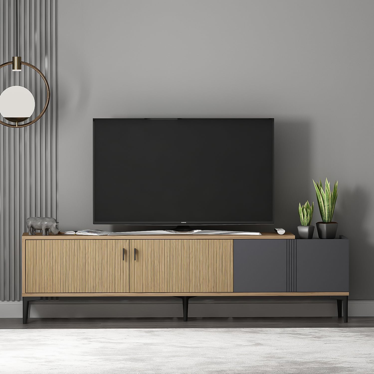 Homidea Modena - Meuble TV bas de 180 cm avec portes et espace de rangement - Meuble TV au design scandinave - Pour salon (chêne clair - anthracite)
