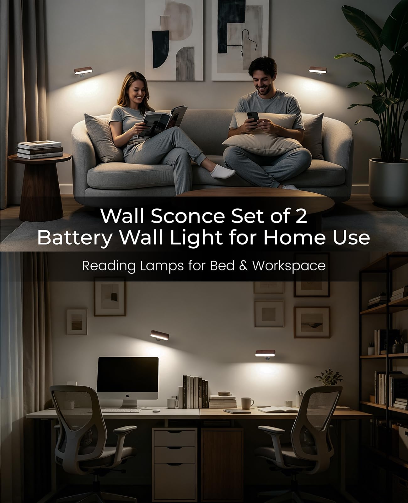 Aplique de pared LED de madera magnético giratorio de 360°, mini lámpara de brillo ajustable, luces nocturnas recargables, luz de lectura alimentada por pilas, para mesita de noche, pasillo, sala de