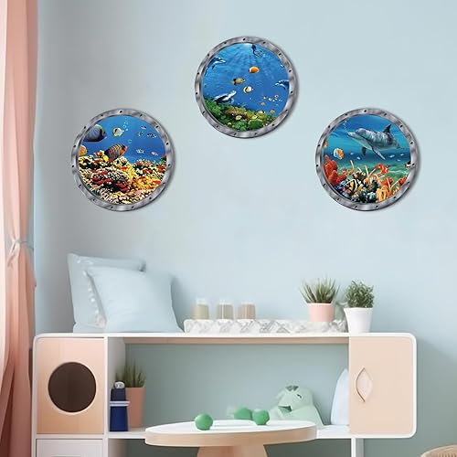 Miniatura 2 de 3 calcomanías de pared de animales del océano, calcomanías de pared para despegar y pegar, patrones de peces, medusas y corales, calcomanías 3D para